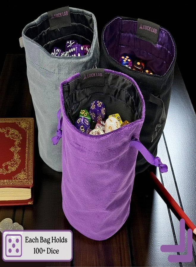 Luck Lab Velvet Drawstring Dice Bag - Set of Three Colors - Dungeons and Dragons Fabric/Standing Cotton Fabric Dice Bags/D&D Dice Pouch/Small Pouch/Velvet Jewelry Bag (Purple, Black, Grey) - Image 2